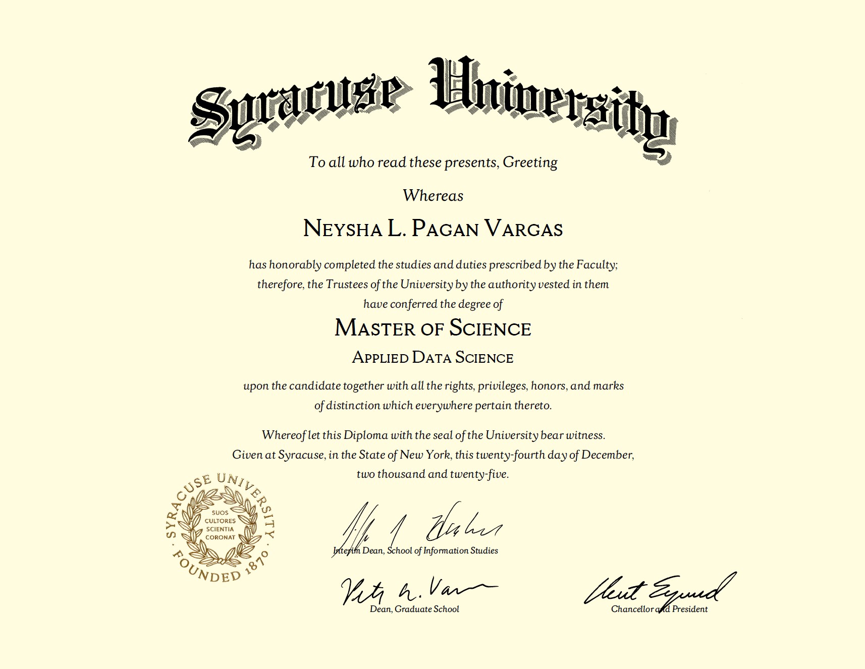 Syracuse University Master of Science in Applied Data Science Diploma